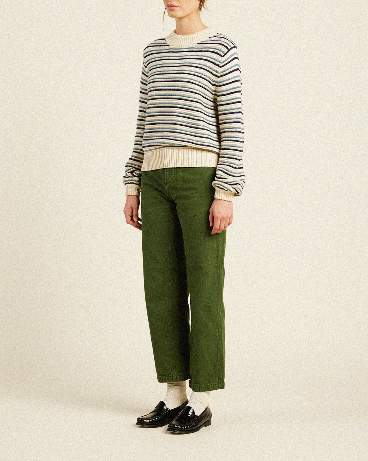 Susan Sweater Antique White With Navy & Green Stripe