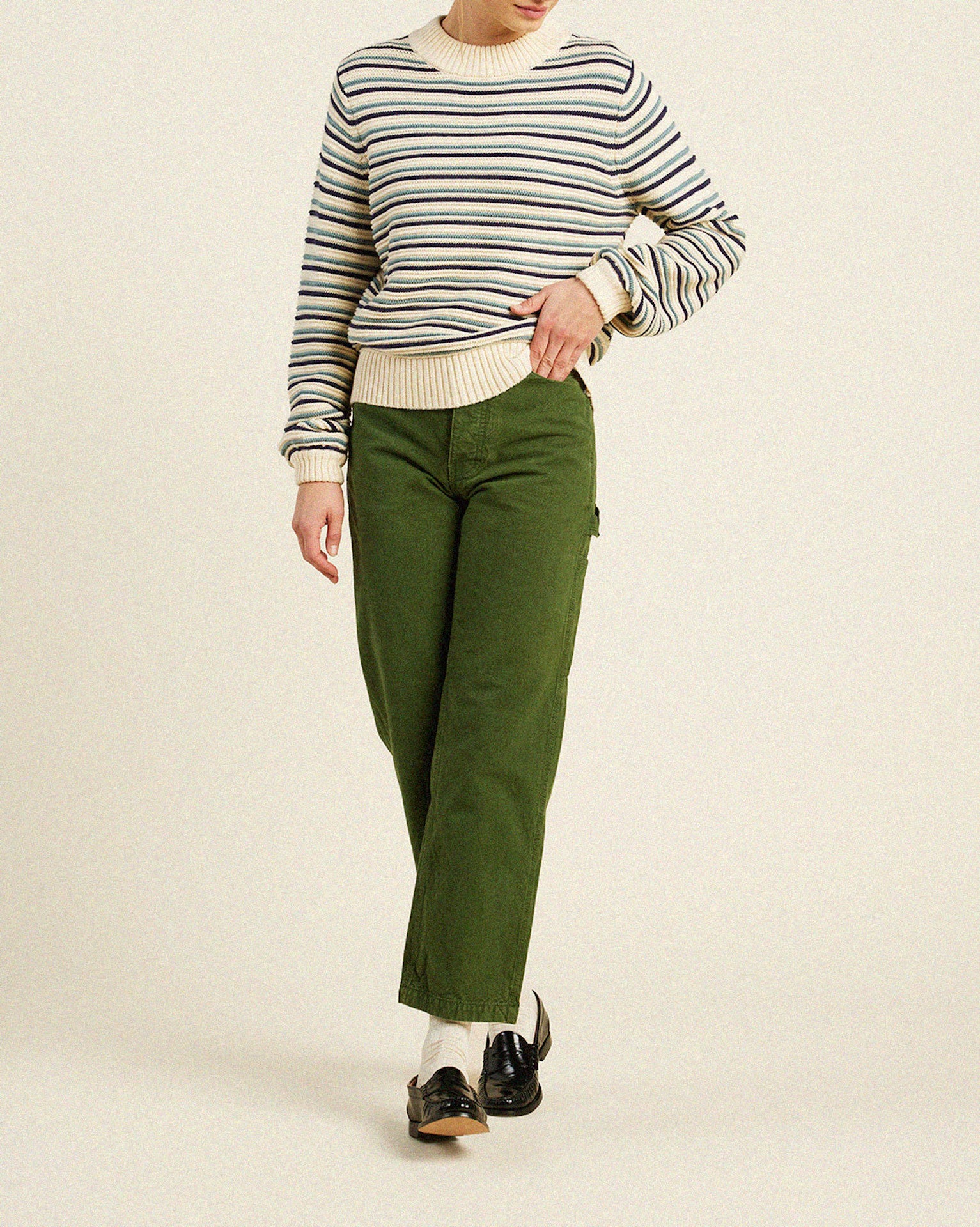 Susan Sweater Antique White With Navy & Green Stripe