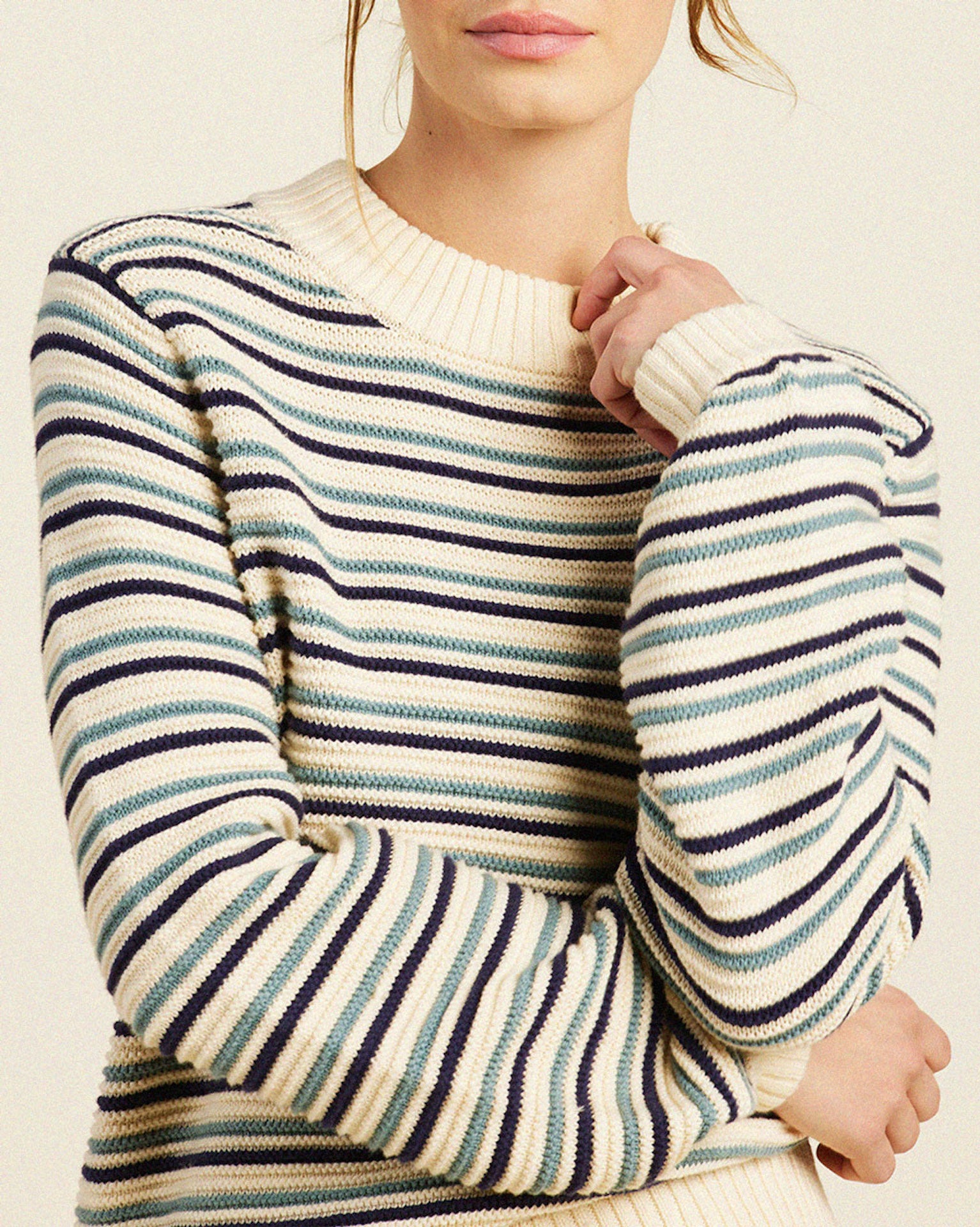 Susan Sweater Antique White With Navy & Green Stripe