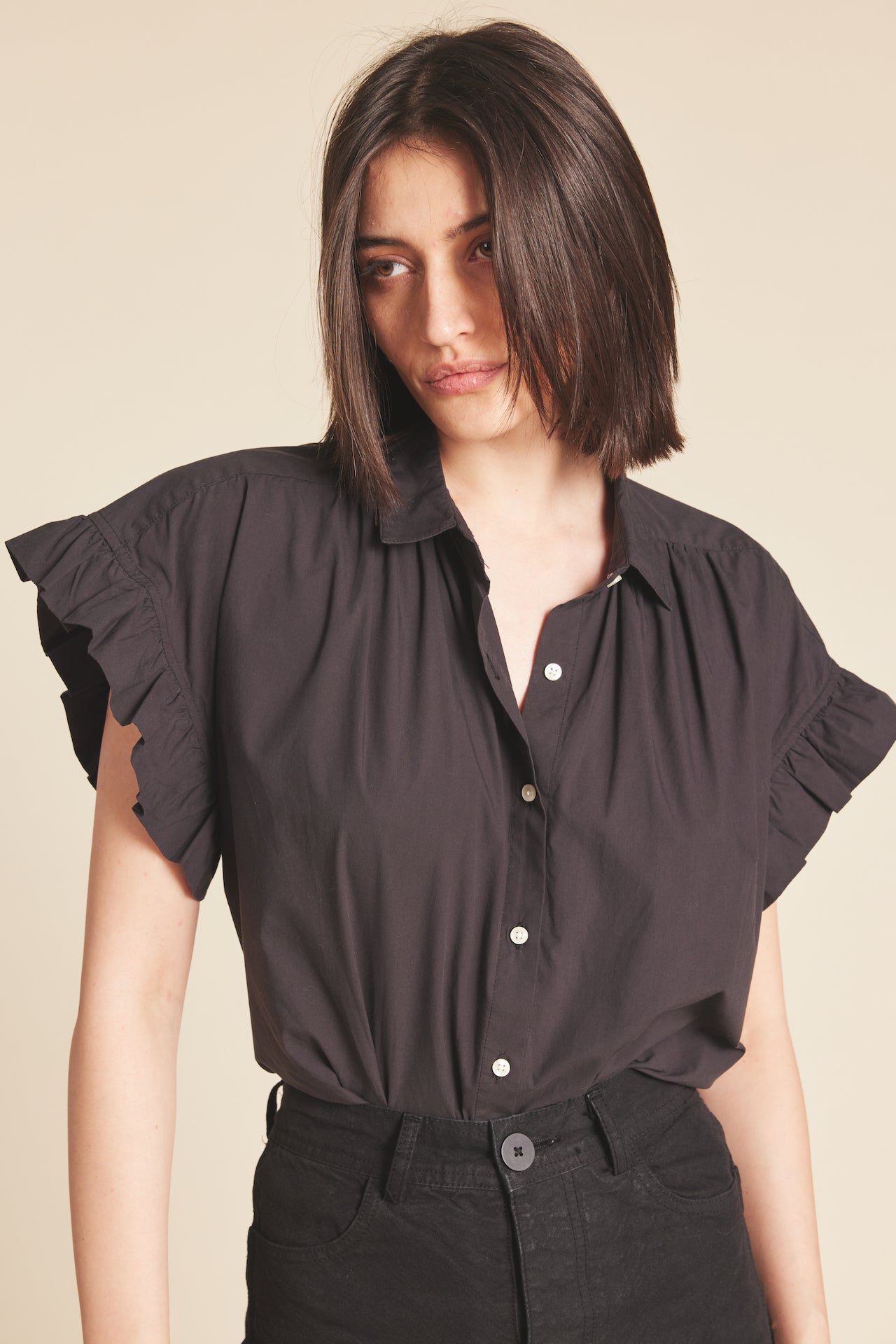 Black ruffle sleeve shirt online