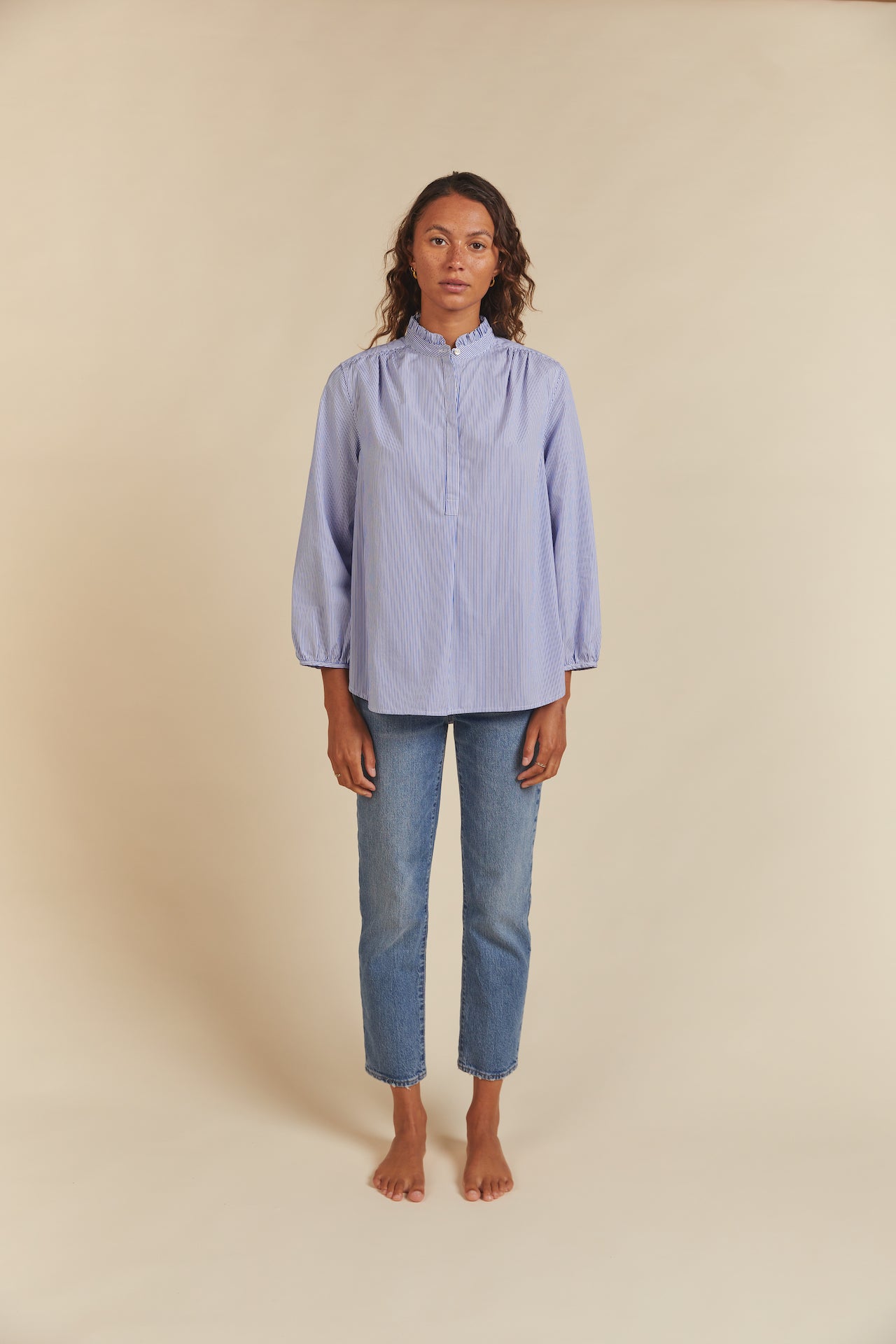 Sara B Henley Shirt Blue White Stripe